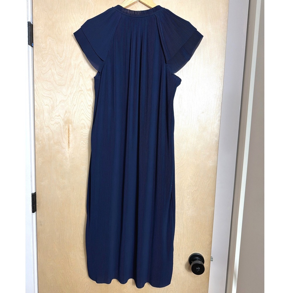 J.McLaughlin Navy Blue Pleated Midi Dress Flutter Sleeve V-Neck Tie Large - Picture 2 of 7